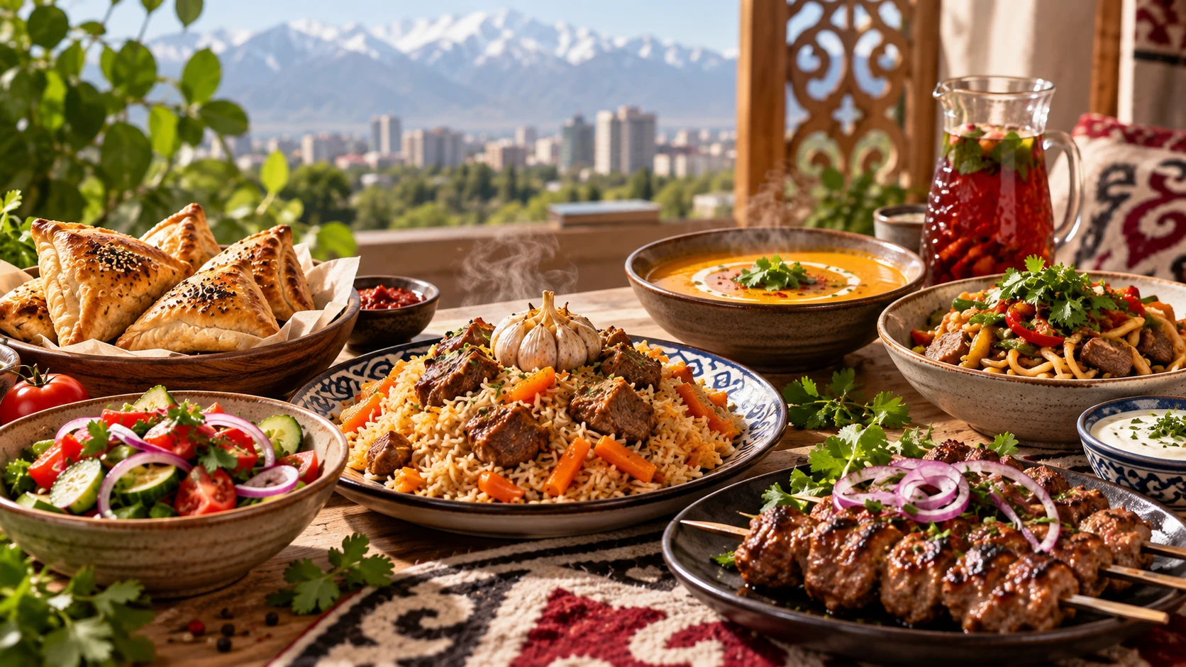 Стол с пловом, самсой, лагманом, шашлыком, салатом и супом на фоне гор Ала-Тоо